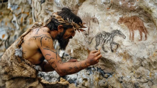 Neanderthal man drawing animals on rock cave wall, bearded caveman and primitive art, scene of prehistoric era