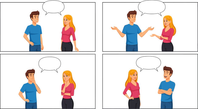 Cartoon illustration depicting a man and woman in a conversation dialogue format with speech bubbles