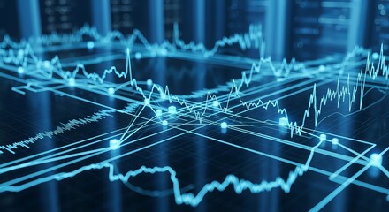 Obraz premium Financial Data Stream: Dynamic data visualizations depict fluctuating market trends and interconnected financial networks, rendered in a modern aesthetic.