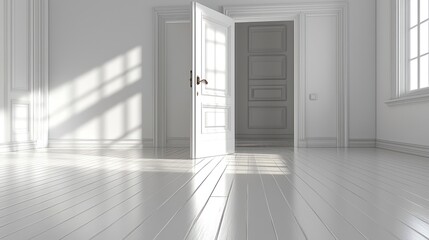 Sunlit empty room, open door, white interior, hardwood floor, home staging