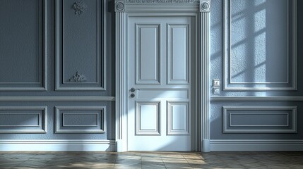 Sunlit elegant room, white door, blue walls, wood floor, interior design