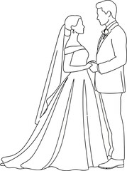 Elegant wedding line art portraying loving bride and groom in solemn silhouette moment of commitment