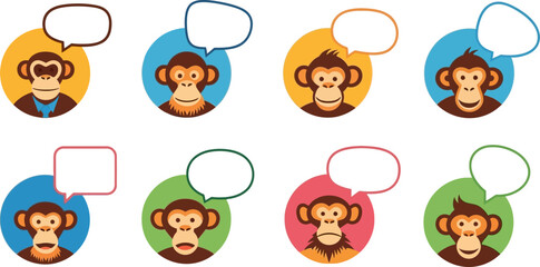 Animated monkey character heads with speech bubbles for dialog insertion and diverse emotions