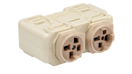 Beige electrical connector with two outlets.  A rectangular beige housing encloses two smaller, light taupe receptacles.  Visible internal components suggest connection points