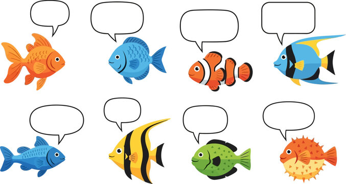 Chatty Cartoon Fish: A Collection of Aquatic Characters with Speech Bubbles Ready for Text