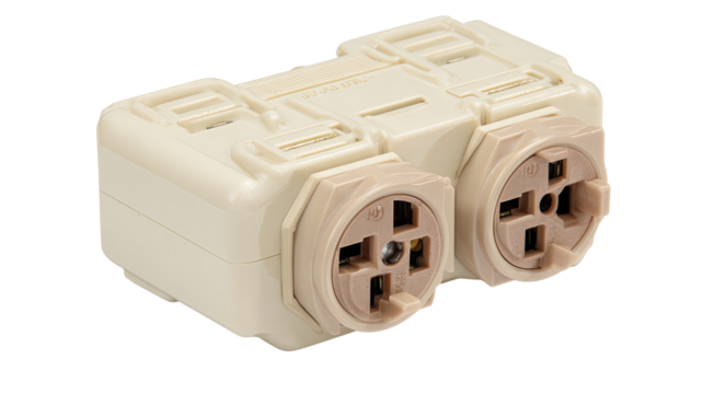 Beige electrical connector with two outlets.  A rectangular beige housing encloses two smaller, light taupe receptacles.  Visible internal components suggest connection points
