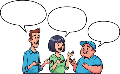 Engaging cartoon illustration of three diverse people having an animated discussion