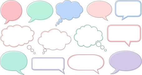 Collection of pastel-colored speech and thought bubbles, diverse shapes for creative communication