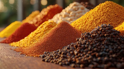 Colorful spice piles on wooden surface. Sunlight highlights. Background blurred.  Possible use for food, travel, or lifestyle image