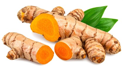 Turmeric root pieces and leaves on white background