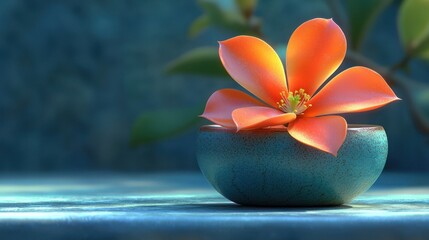 Orange flower in teal bowl, serene background, zen garden, spa concept