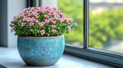Pink azalea plant in pot on windowsill, city view