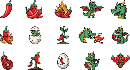 Whimsical chili pepper and dragon cartoon illustration set for fun and spicy designs