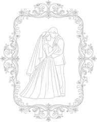 Elegant wedding portrait outline within an ornate vintage frame design for invitations