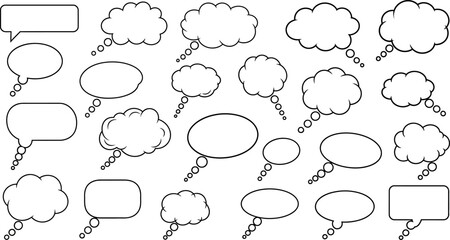 A whimsical pattern of outlined speech bubbles and thought clouds on a white background