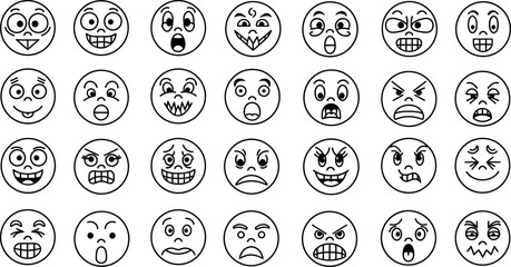 Diverse range of simplistic cartoon faces expressing varied emotions and personalities, suitable