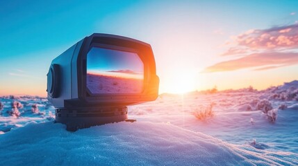 Winter Sunrise, Surveillance Tech on Snow Covered Hill