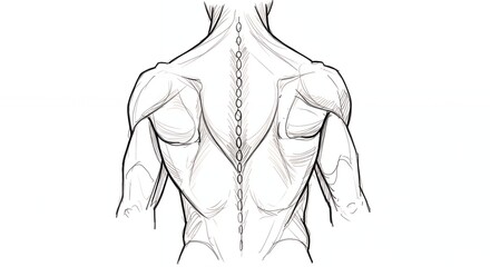 Human back anatomy illustration featuring muscles and spine in detailed drawing style