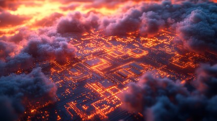 City circuit board at sunset with fiery clouds