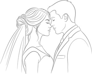 Delicate lines depict a newlywed couple sharing a tender moment of matrimonial bliss