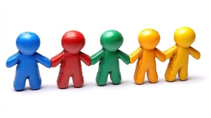 Colorful figures holding hands in a row on white background