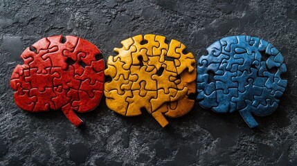 Three brain puzzle pieces on dark surface, teamwork concept