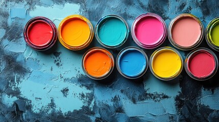 Colorful paint cans arranged on textured surface; home improvement, design concept