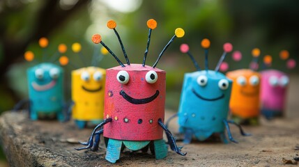 Colorful handmade alien craft figures outdoors