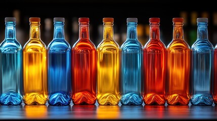 Colorful bottles lined up on a bar with a dark background