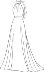 Elegant formal halter gown line art illustration showcasing flowing fabric design for fashion