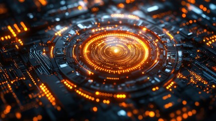 Futuristic circuit board with glowing central core
