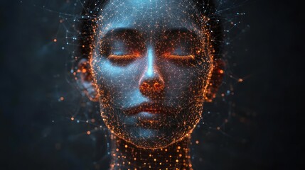 Serene digital face, glowing particles, dark background, AI concept