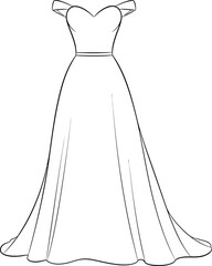 Elegant wedding dress sketch with off-the-shoulder sleeves for bridal wear design illustration