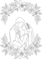 Elegant wedding line art: Embracing couple framed by floral design symbolizing love and commitment