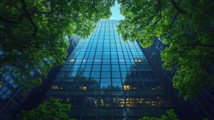 Urban skyscraper with lush greenery overhead