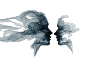 Two profile faces, rendered as wispy smoke or ink, facing each other, suggesting a close connection or shared emotion.  Silhouette outlines visible