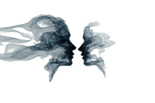 Two profile faces, rendered as wispy smoke or ink, facing each other, suggesting a close connection or shared emotion.  Silhouette outlines visible