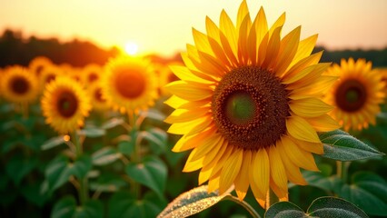 Sunflowers blooming in field at sunset