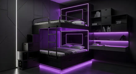 Futuristic Bedroom Interior Design Showcasing Neon Lights, Bunk Beds, And Modern Aesthetics
