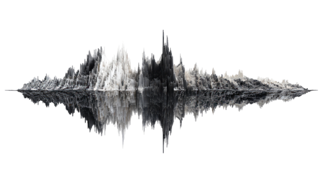 Abstract waveform graphic.  A grayscale audio visualization, akin to a sound wave, is prominently displayed.