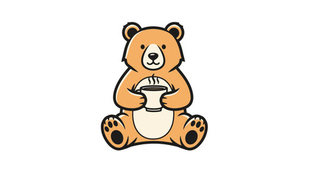 Cute cartoon teddy bear sitting and holding a hot coffee cup.