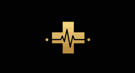Medical Logo: Golden Cross with Heartbeat Line.