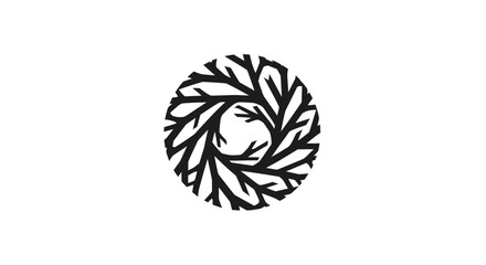 Abstract circular emblem with swirling organic leaf and branch patterns.