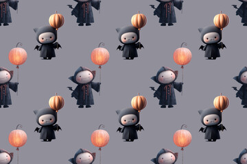 Seamless holiday pattern for Halloween with cheerful vampires, funny ghosts and witches