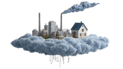 A factory complex, complete with smokestacks and buildings, floats amidst a large cloud formation. A small residential area, with houses, sits in the middle of the cloud