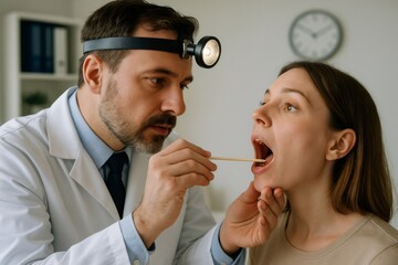 Doctor wearing headlamp performing throat examination on female patient using tongue depressor in a medical office setting