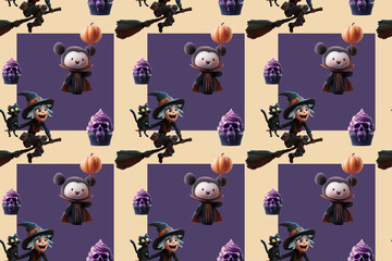 Seamless holiday pattern for Halloween with cheerful vampires, funny ghosts and witches