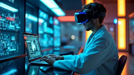 A scientist in a modern laboratory uses virtual reality technology and a laptop to analyze digital data, showcasing advancements in scientific research and technology. - Powered by Adobe