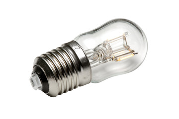 Small, clear LED light bulb with screw-in base.  A close-up shows the transparent glass bulb, metallic base, and small LED light source inside