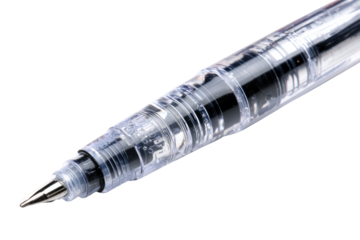 Transparent pen close-up, ink visible, black background, stationery
